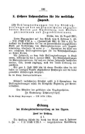 Prüfungsordnungen für die Abschlußprüfungen an den an Frauenschulen angegliederten Kursen zur Ausbildung von Kindergärtnerinnen und Jugendleiterinnen : [E. Höhere Lehranstalten für die weibliche Jugend]