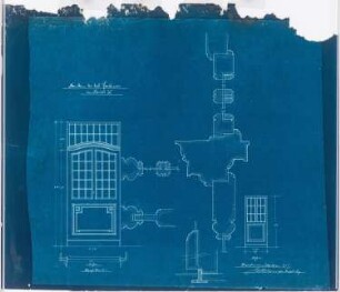 Pfarrhaus (und Entwurf für eine Kirche), Bochum-Hordel: Ansicht der Haustür 1:10, Detailschnitte der Haustür (1:1) und Ansicht der Hoftür 1:20
