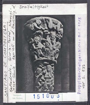 Santiago de Compostela: Puerta de la Gloria, Wurzel-Jesse-Säule, Kapitell mit Dreifaltigkeit