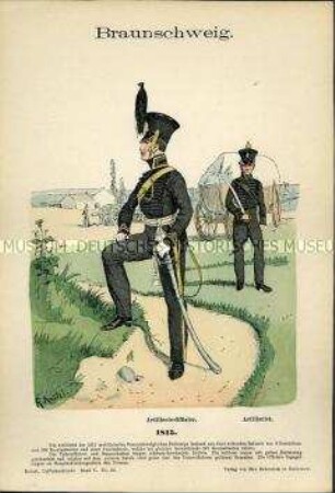 Uniformdarstellung, Offizier und Gemeiner der Artillerie, Herzogtum Braunschweig, 1815.