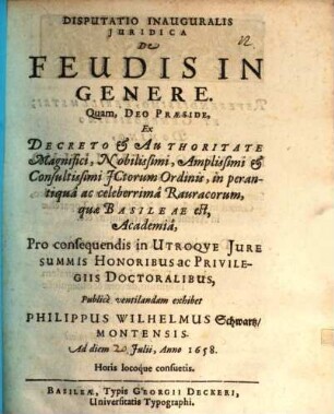 Diss. inaug. iur. de feudis in genere