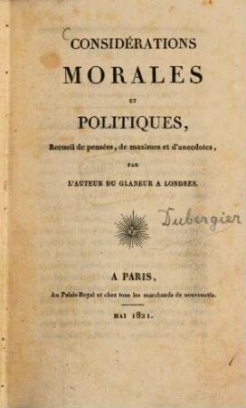 Considerations morales et politiques