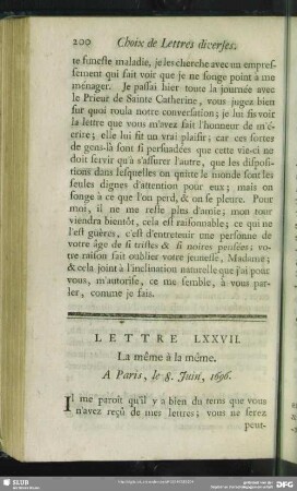 Lettre LXXVII. La même à la même. A Paris, le 8. Juin, 1696