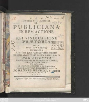 Dissertatio Juridica De Publiciana In Rem Actione Sive Rei Vindicatione Prætoria