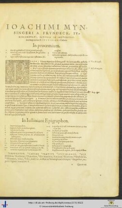Ioachimi Mynsingeri A Frundeck Scholia in Institutiones Imperiales Flavij Iustiniani