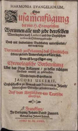 Harmonia Evangeliorum, Oder Zusamenfügung der vier H. Evangelisten