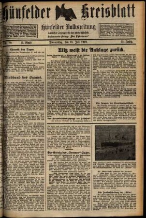 Erste Ausgabe vom Donnerstag, den 25. Juli 1929.