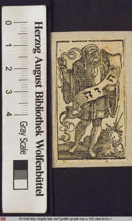 Bärtiger Mann mit Barett und einem Spruchband mit hebräischer Inschrift (Jahve=Gott).