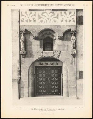 Elisabethschule, München: Ansicht Haupteingang zur Mädchenschule (aus: Blätter für Architektur und Kunsthandwerk, 19. Jg., 1906, Tafel 13)