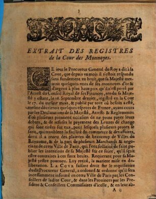 Arrest de la covr des monnoyes : portant reglement pour l'exposition des especes qui ont cours ; du 14. Ianvier 1667