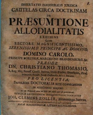 Dissertatio inauguralis iuridica cautelas circa doctrinam de praesumtione allodialitatis exhibens