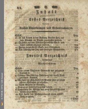 Inhalt. Erstes Verzeichniß derer Landes Verordnungen und Bekanntmachungen. Zweytes Verzeichniß verschiedener Nachrichten