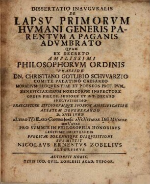Diss. inaug. de lapsu primorum humani generis parentum a paganis adumbrato