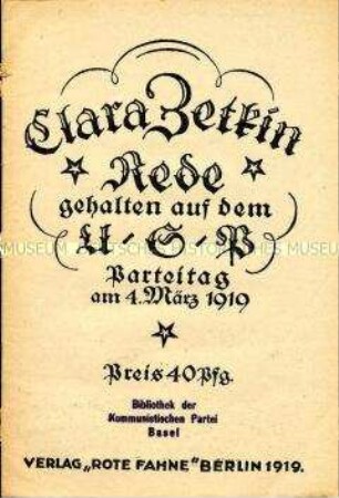 Sonderdruck mit dem Wortlaut der Rede von Clara Zetkin auf dem Parteitag der USPD 1919