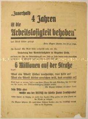 Programmatischer Wahlaufruf der NSDAP mit Unterstreichung der langfristigen Planung und Versprechungen Hitlers zur Behebung der Arbeitslosigkeit