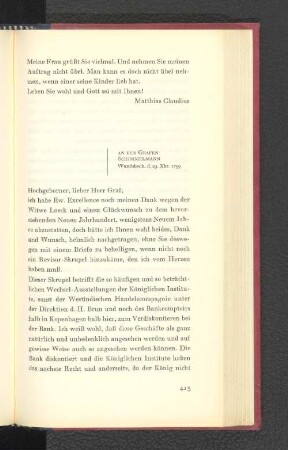 An den Grafen Schimmelmann Wandsbeck, den 29. Dezember 1799