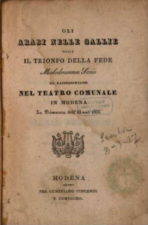 Gli Arabi nelle Gallie ossia Il trionfo della fede : Melodramma serio