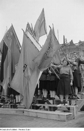 Mitglieder der FDJ, Fahnen tragend