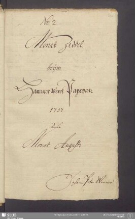 Monat Zeddel beÿm Hammer Werck Paprozan 1757 aufn Monat Augusti