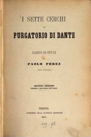 I sette cerchi del Purgatorio di Dante, saggio di studi di Paolo Perez