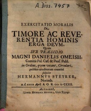 Exercitatio Moralis De Timore Ac Reverentia Hominis Erga Deum