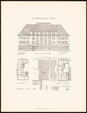 Städtisches Amtsgebäude an der Albrechtstraße, Berlin: Lageplan, Grundriss Direktorenwohnung 2.OG, Ansicht von der Gartenseite (aus: Neubauten der Stadt Berlin, Bd. XI, 1912)