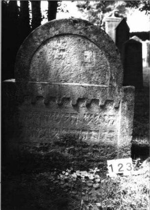 Grabstein 123 (Index: 100085499) Zustand: Grabstein eingesunken Maße HxBxT: 105x85x14 cm Beschreibung: Stele, eingezogener Rundbogenabschluß, Zahnfries, Schriftfeld eingetieft: Grabstein 123