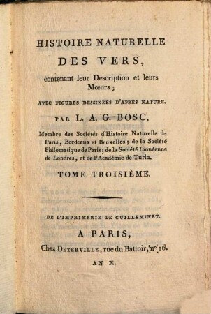 Histoire naturelle des vers : contenant leur description et leurs moeurs ; avec figures dessinées d'après nature, 3