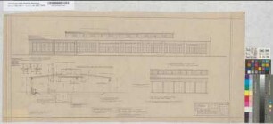Bahnhof Wesel: BW Wesel Lokschuppn II Stand 1-8 (Länge 32,00 m) mit Achssenke: Ansichten, Schnitt [Abgelegt in Mappe: "Entwürfe von Th V", Beschriftung Deutsch/Englisch], M. 1:100 Hgl, Sknr.: 4, Fanr.: 12