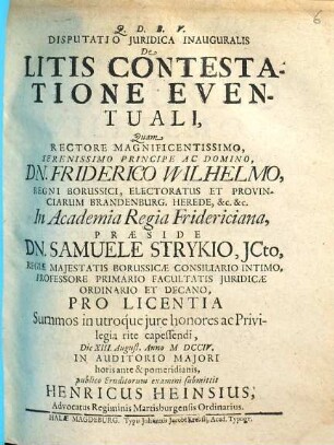 Disputatio Juridica Inauguralis De Litis Contestatione Eventuali