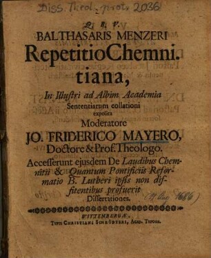 Balthasaris Menzeri Repetitio Chemnitiana, In Illustri ad Albim Academia Sententiarum collationi exposita