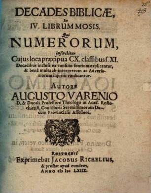 Decades biblicae in IV. librum Mosis, qui Numerorum inscribitur