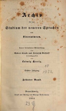Archiv für das Studium der neueren Sprachen und Literaturen. 10, 10 = Jg. 6. 1852