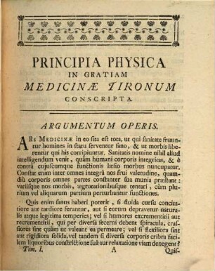 Principia Physico-Medica, Tomus Primus