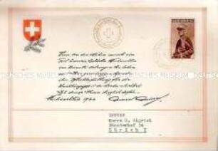 Dankschreiben des Generals H. Guisan an einen Spender von Weihnachtspaketen, mit Sonderstempel und Briefmarke