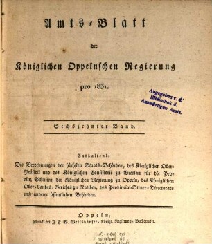Amtsblatt des Regierungspräsidenten in Oppeln. 1831 = Bd. 16