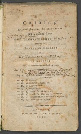 Catalog geschriebener, meist seltener Musikalien und theoretischer Werke welche im Bureau de Musique bei Hoffmeister et Kühnel in Leipzig im Fürstenhause zu haben sind