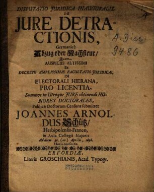 Disputatio Iuridica Inauguralis, De Iure Detractionis, Germanice Abzug oder Nachsteur