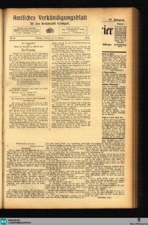 Mittelbadischer Courier : Ettlinger Tagblatt ; mit den neuesten Handels-Nachrichten für Stadt und Bezirk Ettlingen, Amtliches Verkündungsblatt für den Amtsbezirk Ettlingen Nr.9