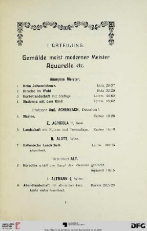 I. Abteilung. Gemälde meist moderner Meister Aquarelle etc. (Nr. 1-255)