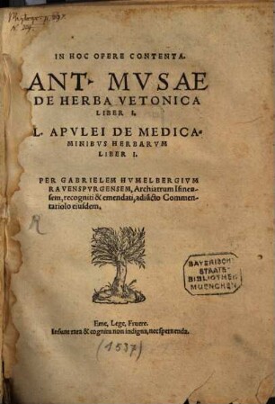 De herba vetonica : liber I ...