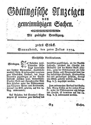 30tes Stück. Sonnabend, den 30ten Julius 1774.