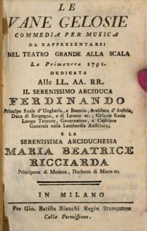 Le vane gelosie : Commedia per musica