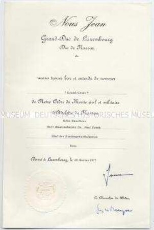 Verleihungsurkunde zum Zivil- und Militärverdienstorden Adolphs von Nassau, Großkreuz