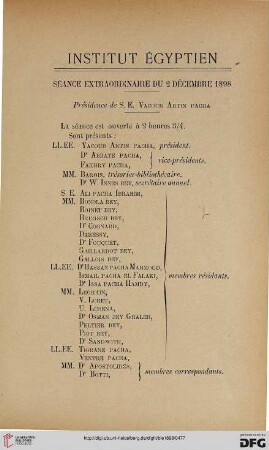 Séance extraordinaire du 2 décembre 1898: présidence de S. E. Yacoub Artin Pacha