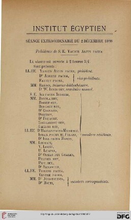 Séance extraordinaire du 2 décembre 1898: présidence de S. E. Yacoub Artin Pacha