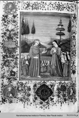 Brevier, mit Kalendarium : Buchseite mit Miniatur, darin die Heiligen Franziskus und Clara von Assisi, sowie Bordüre, darin Stigmatisierung des heiligen Franziskus und Heiligenmedaillons