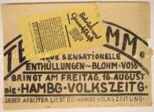 Handzettel mit Ankündigungen sensationeller Neuigkeiten über Blohm und Voss in der "Hamburger Volkszeitung" am 16. August