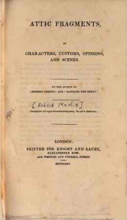 Attic Fragments of characters, customs, opinions
