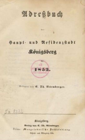 1853: Adreßbuch der Haupt- und Residenzstadt Königsberg i. Pr. und der Vororte